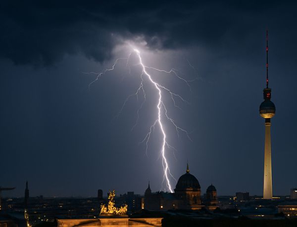 Blitz bei einem Sommergewitter über der Berliner Skyline mit Fernsehturm