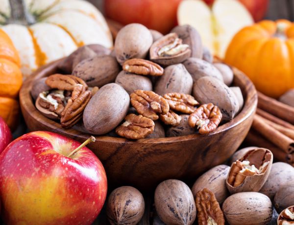 Schale mit Nüssen, Zimtstangen, Äpfel und Kürbis