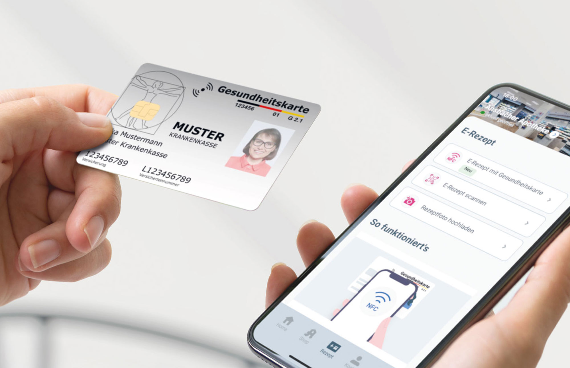 Handy mit E-Rezept App und Gesundheitskarte